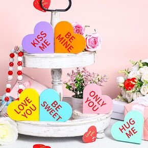 6 Pcs Valentine's Day Wooden Sign Valentine Conversation Heart Shape Table Centerpiece Candy Heart Valentine Tiered Tray Farmhouse Sweetheart Heart Shape Table Blocks for Wedding Anniversary Party