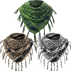 SATINIOR 3 Pcs Shemagh Keffiyeh Head Neck Scarf Turban Unisex Arab Plaid Fringe Scarves with Tassel for Outdoor Camping Accessory(Green, Sand Color, Black White)