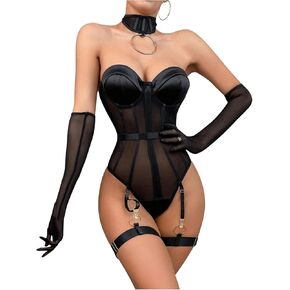 SHENHE Women's Strapless Bodysuit Lingerie Mesh Corset Lingerie Sleeveless Sheer Garter Lingerie with Choker