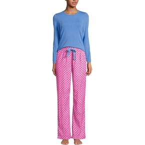 Lands' End Women's Pajama Set Knit Long Sleeve T-Shirt and Flannel Pants
