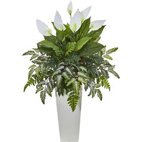 Nearly Natural Mixed Spathiphyllum Artificial Plant in White Tower Vase