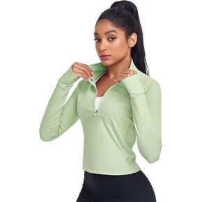 HISKYWIN Women's Cropped Workout Jacket Half Zip Pullover Running Shirts 1/2 Zip Slim Fit Long Sleeve Athletic Yoga Tops