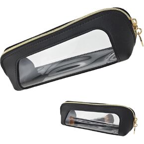 1 PACK Clear Makeup Bag, Leather Makeup Brush Bag, Double Sided Clear Toiletry Bag for Women, Portable Brush Bag Transparent Travel Cosmetic Bag, Makeup Case with Zipper