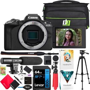 Canon EOS R50 Mirrorless Camera Body with 2 Lens Kit RF-S 18-45mm is STM and RF-S 55-210mm is STM 5811C022 Bundle with Deco Gear Photography Bag + Microphone + Tripod + Software & Accessories Kit
