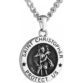 HZMAN Saint Christopher Necklace for Men Women Stainless Steel Round Retro Religious Medal Amulet Pendant Jewelry Gift