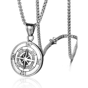 Men's Stainless Steel Round Compass Pendant Necklace Vintage Chain, Chain Included