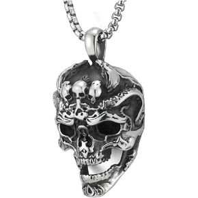 COOLSTEELANDBEYOND Mens Stainless Steel Large Vintage Skull Pendant Necklace with 30 inches Wheat Chain, Gothic Biker