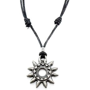 BlueRica Tribal Sun on Adjustable Black Cord Necklace (Old Silver Finish)