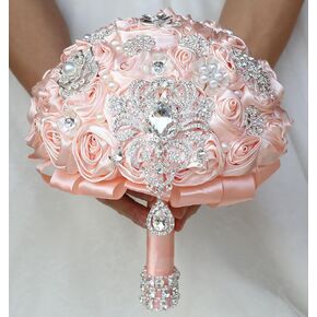 Bridal Wedding Bouquet Round Bling Brooch Bouquet Artificial Rose Flower Bunch for Bride Bridesmaid Wedding Quinceanera(Light Pink, 7.5")