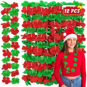 Christmas Leis Bulk, 12PCS Xmas Leis for Party Bulk Decorations, Red Green Silk Flower Necklace Christmas Bulk Party Decor Bulk, Flower Leis Hawaiian Christmas decorations Beach Party Favors Supplies
