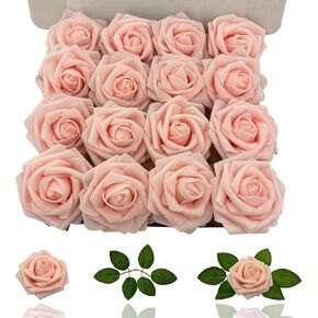 Artificial Roses Flowers 25Pcs Real Touch Roses with Stem Foam Fake Roses for DIY Wedding Bouquets Centerpieces Arrangement Party Baby Shower Home Decorations (Pink Champagne)