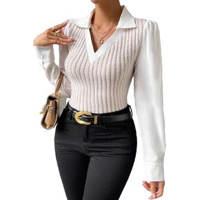 SweatyRocks Women's Colorblock Collar Neck Long Puff Sleeve Ribbed Knit Slim Fit Blouse Shirt Top