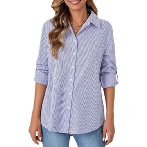 LYANER Women's Striped Button Down Shirts Casual Rolled Up Long Sleeve Work Blouse Top