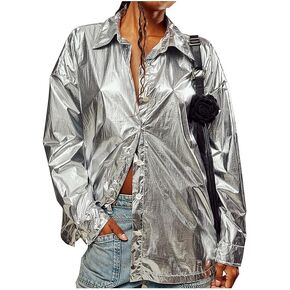 قميص نسائي فضي معدني بأكمام طويلة وأزرار سفلية لامعة، قميص كبير الحجم للنوادي الليلية، بلوزة فضية كبيرة in Kuwait