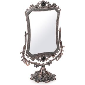 JUXYES Metal Tabletop Antique Decorative Makeup Mirror with Stand, Vintage 360° Swivel Double Sided Cosmetic Mirror with Frame, Retro Desktop Dressing Mirror Magic Mirror for Dresser