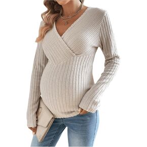 SweatyRocks Women's Maternity Tops V Neck Long Sleeve Ribbed T Shirts Pregnancy Clothes