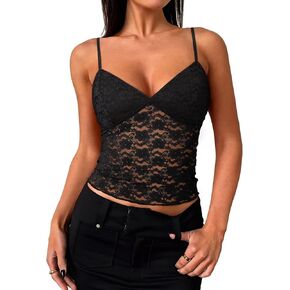 PINKMSTYLE Women Sexy Lace V Neck Cami Tank Top Adjustable Spaghetti Strap Going Out Crop Y2k Fashion Tops