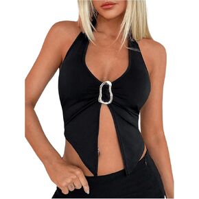 OYOANGLE Women's Halter Deep V Neck Slit Tank Top Sleeveless Crop Tops Festival Rave Outfit