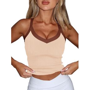 Fisoew Women's Sexy Deep V Neck Tank Tops Summer Casual Sleeveless Slim Fit Ribbed Knit Y2K Going Out Cami Shirts