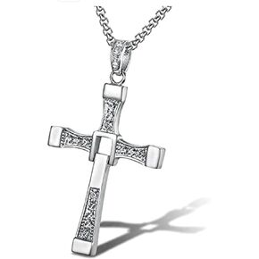 Toreto Cross Pendant Necklace with Crystals, Black and Silver (plata) - Stainless Steel for Women Men Long Chain - Small Diamonds (Silver) Fast and The Furious Dominic Vin Diesel toretto dije crucifijo don toreto 𝐁𝐲𝐳𝐚𝐧𝐭𝐢𝐧𝐞