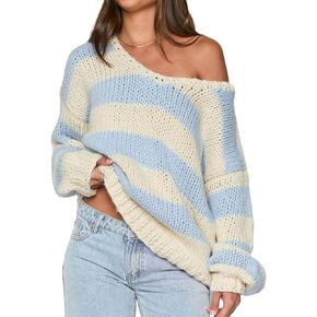 Women's Off The Shoulder Striped Sweaters Y2k Drop Shoulder Long Sleeve V-Neck Oversized Knit Pullover Tops