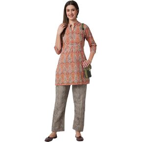 miss fame Women's Cotton Short Kurta with Pants - (Orange)
