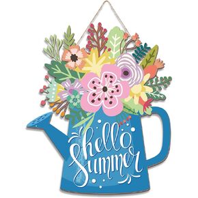 Summer Door Wall Wreaths Decor Sign Summer Hanging Decorations for Home Office Watering Can and Flowers Hanging Sign Happy Summer Sign for Front Door (Hello Summer Style)