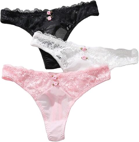 SHENHE Women's 3 Packs Floral Lace Comfy Briefs Thong Set Underwear Panties in Saudi Arabia