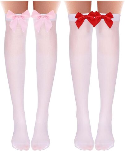 KALIONE 2 Pairs White Stockings with Bow Knee Thigh Highs Stockings with Bow for Women Over Knee Stockings with Red Bow White Tights With Pink Bows for Cosplay Carnival Parties in Saudi Arabia