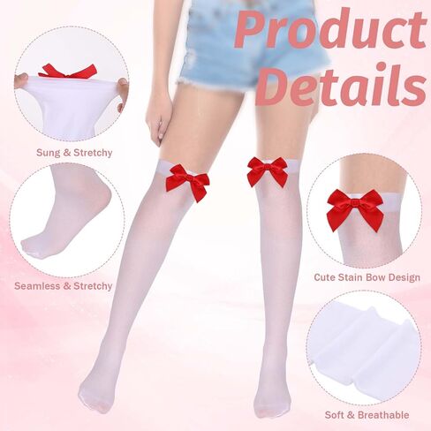 KALIONE 2 Pairs White Stockings with Bow Knee Thigh Highs Stockings with Bow for Women Over Knee Stockings with Red Bow White Tights With Pink Bows for Cosplay Carnival Parties in Saudi Arabia