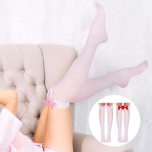 KALIONE 2 Pairs White Stockings with Bow Knee Thigh Highs Stockings with Bow for Women Over Knee Stockings with Red Bow White Tights With Pink Bows for Cosplay Carnival Parties in Saudi Arabia