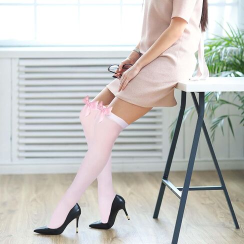 KALIONE 2 Pairs White Stockings with Bow Knee Thigh Highs Stockings with Bow for Women Over Knee Stockings with Red Bow White Tights With Pink Bows for Cosplay Carnival Parties in Saudi Arabia