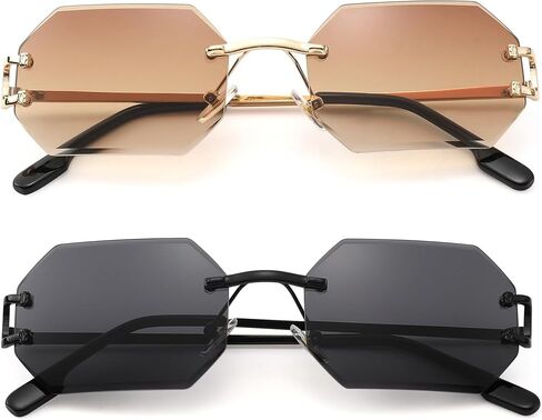 Rimless Sunglasses for Men Women -Octagon Frameless Sun Glasses Black Shade Polygon Tinted Eyewear in Saudi Arabia