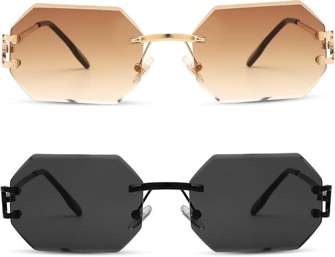Rimless Sunglasses for Men Women -Octagon Frameless Sun Glasses Black Shade Polygon Tinted Eyewear in Saudi Arabia