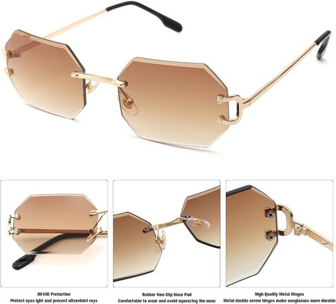 Rimless Sunglasses for Men Women -Octagon Frameless Sun Glasses Black Shade Polygon Tinted Eyewear in Saudi Arabia