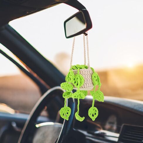 مرآة السيارة المعلقة بوعاء النباتات، نبات الكروشيه للسيارة، لطيف بوعاء النباتات الكروشيه مرآة السيارة للنساء الرجال اليدوية محبوك مرآة الرؤية الخلفية الملحقات in Kuwait
