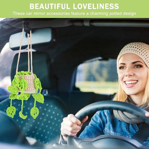 مرآة السيارة المعلقة بوعاء النباتات، نبات الكروشيه للسيارة، لطيف بوعاء النباتات الكروشيه مرآة السيارة للنساء الرجال اليدوية محبوك مرآة الرؤية الخلفية الملحقات in Kuwait