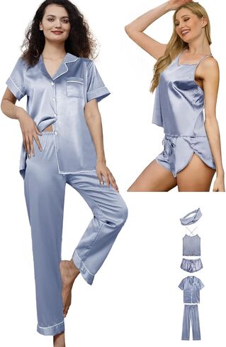 Womens Satin Silk 5Pcs Set Pajamas Sexy Cami Sets Silky Pajama Sets Sleepwear Lingerie Nightwear Pjs Loungewear in Saudi Arabia