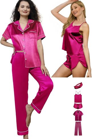 Womens Satin Silk 5Pcs Set Pajamas Sexy Cami Sets Silky Pajama Sets Sleepwear Lingerie Nightwear Pjs Loungewear in Saudi Arabia