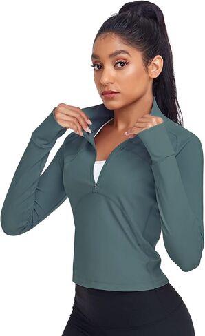 HISKYWIN Women's Cropped Workout Jacket Half Zip Pullover Running Shirts 1/2 Zip Slim Fit Long Sleeve Athletic Yoga Tops in Saudi Arabia