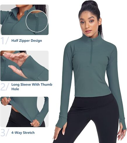 HISKYWIN Women's Cropped Workout Jacket Half Zip Pullover Running Shirts 1/2 Zip Slim Fit Long Sleeve Athletic Yoga Tops in Saudi Arabia