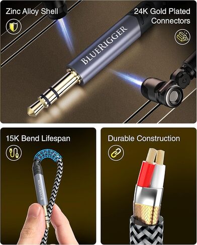 BlueRigger 3.5mm 90 Degree Stereo Audio Cable (6FT, L-Shaped Right Angle Jack, Auxiliary Cable, Male to Male, Hi-Fi Sound) – Aux Cord for Headphones, Car Stereo, Speaker, Phone, Tablet, Laptop in Kuwait