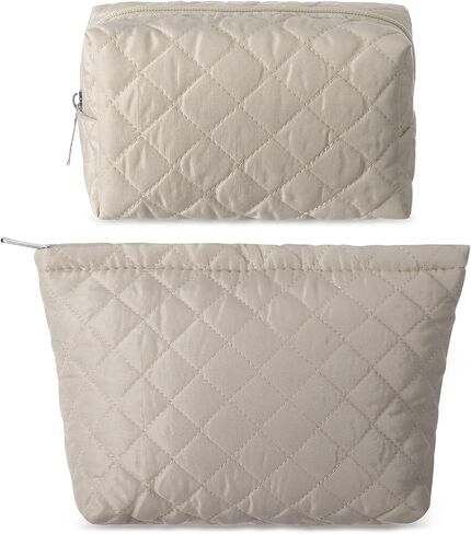 2 Pcs Quilted Makeup Bag Cute Cotton Cosmetic Bag for Women Small Travel Makeup Bag Aesthetic Purse Pouch Pencil Case Travel Toiletry Bag Set Makeup Organizer with Zipper(Black) in Kuwait