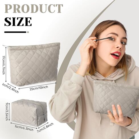 2 Pcs Quilted Makeup Bag Cute Cotton Cosmetic Bag for Women Small Travel Makeup Bag Aesthetic Purse Pouch Pencil Case Travel Toiletry Bag Set Makeup Organizer with Zipper(Black) in Kuwait