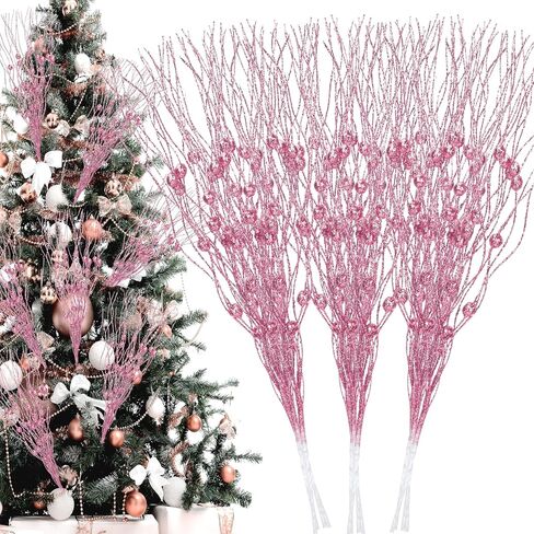 Palonu 30Pcs Pink Artificial Glitter Berry Stems 17 Inch Fake Berry Branch Picks Decorative Glitter Sticks Twigs Christmas Tree Ornaments for DIY Xmas Wreath Vase Crafts Holiday Home Décor in Kuwait