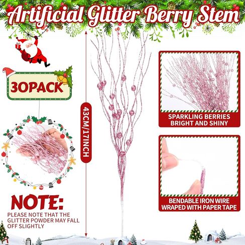 Palonu 30Pcs Pink Artificial Glitter Berry Stems 17 Inch Fake Berry Branch Picks Decorative Glitter Sticks Twigs Christmas Tree Ornaments for DIY Xmas Wreath Vase Crafts Holiday Home Décor in Kuwait