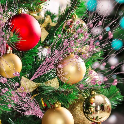 Palonu 30Pcs Pink Artificial Glitter Berry Stems 17 Inch Fake Berry Branch Picks Decorative Glitter Sticks Twigs Christmas Tree Ornaments for DIY Xmas Wreath Vase Crafts Holiday Home Décor in Kuwait