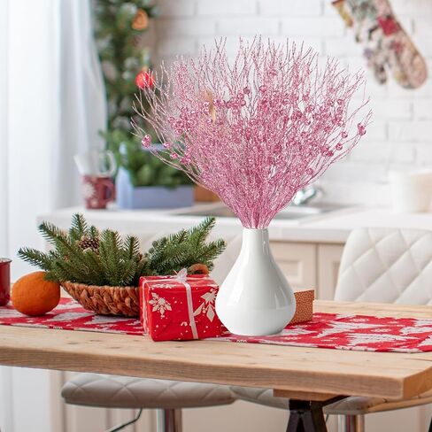 Palonu 30Pcs Pink Artificial Glitter Berry Stems 17 Inch Fake Berry Branch Picks Decorative Glitter Sticks Twigs Christmas Tree Ornaments for DIY Xmas Wreath Vase Crafts Holiday Home Décor in Kuwait