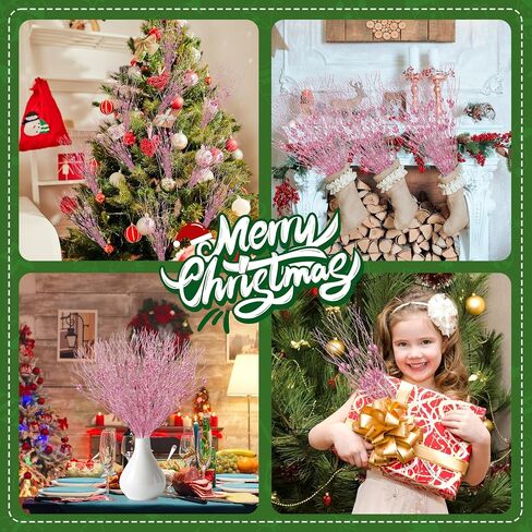 Palonu 30Pcs Pink Artificial Glitter Berry Stems 17 Inch Fake Berry Branch Picks Decorative Glitter Sticks Twigs Christmas Tree Ornaments for DIY Xmas Wreath Vase Crafts Holiday Home Décor in Kuwait