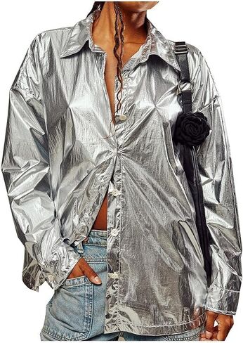 قميص نسائي فضي معدني بأكمام طويلة وأزرار سفلية لامعة، قميص كبير الحجم للنوادي الليلية، بلوزة فضية كبيرة in Kuwait